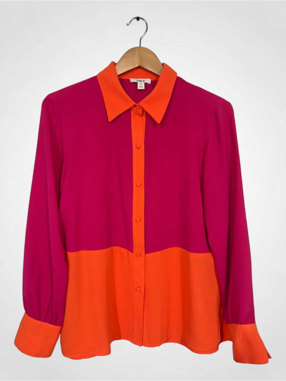 WSH105 {Bar III} Pink Orange Colorblock Long Sleeve Button Down Blouse Top Shirt